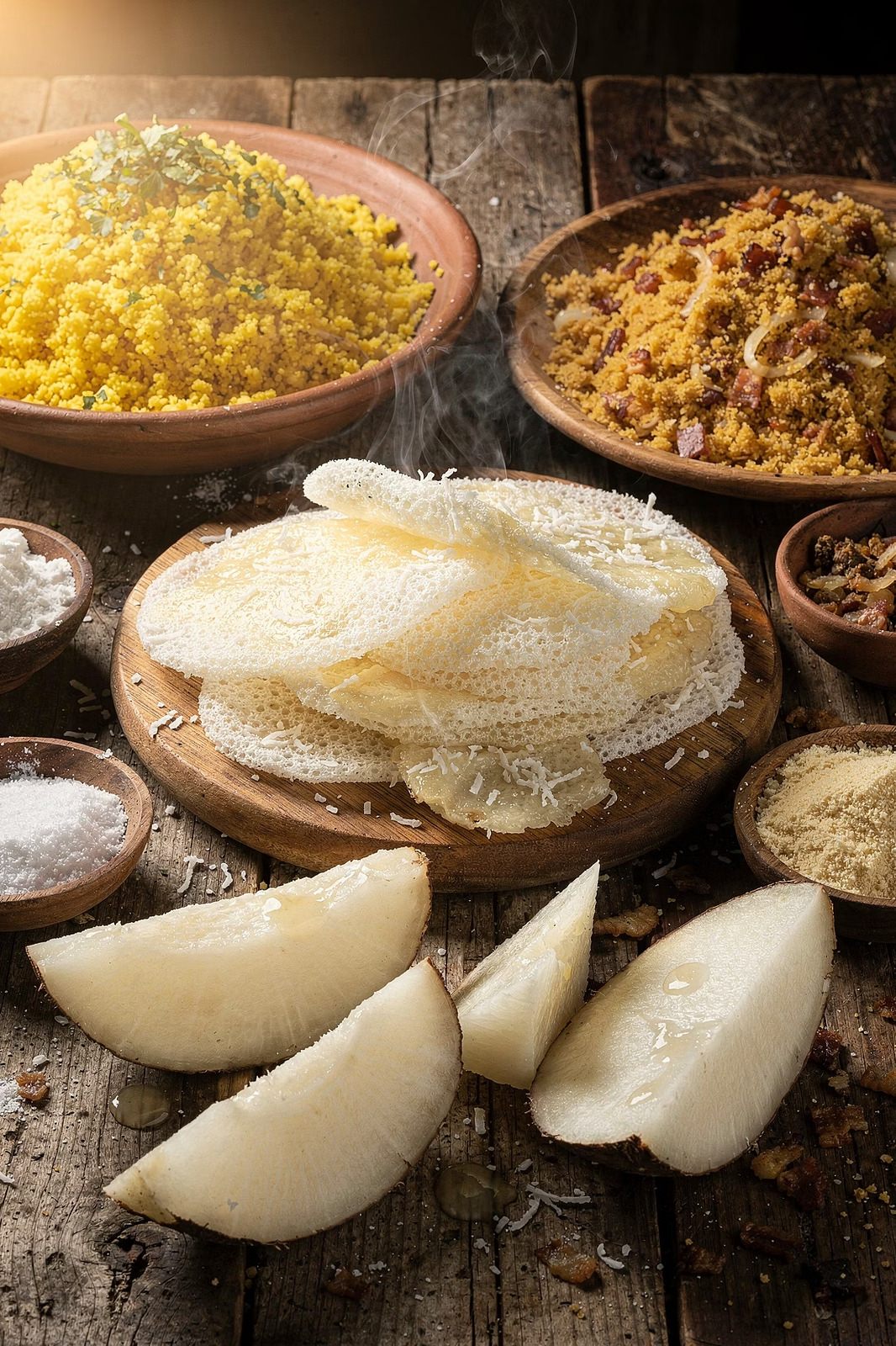 Mandioca, farinha e cuscuz sobre a mesa de madeira